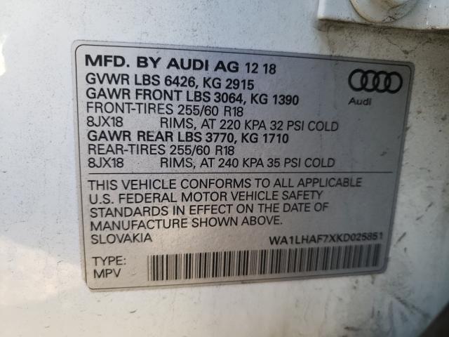 VIN WA1LHAF7XKD025851 2019 Audi Q7, Premium Plus no.10