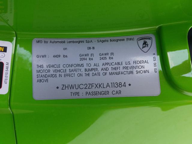 2019 LAMBORGHINI HURACAN ZHWUC2ZFXKLA11384