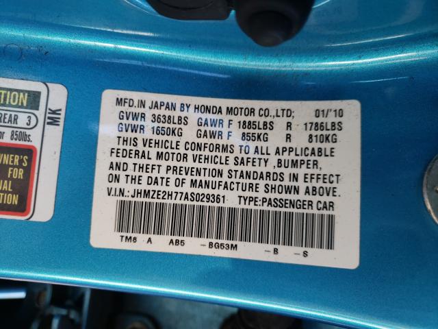 2010 HONDA INSIGHT EX JHMZE2H77AS029361