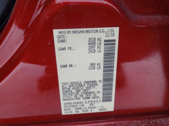 2019 NISSAN ALTIMA PLA 1N4BL4FW1KC129357