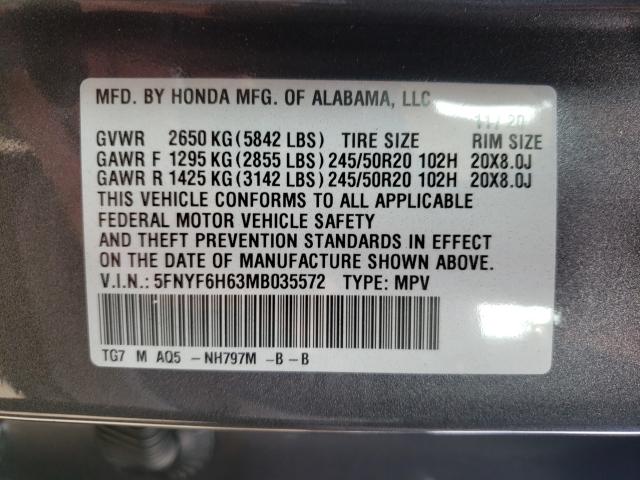 2021 HONDA PILOT TOUR 5FNYF6H63MB035572