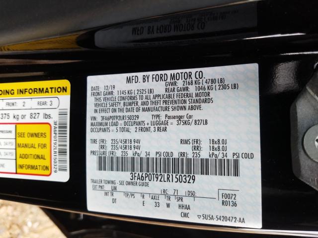 2020 FORD FUSION SE 3FA6P0T92LR150329