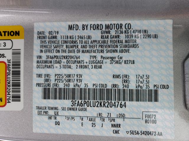 2019 FORD FUSION SE - 3FA6P0LU2KR204764