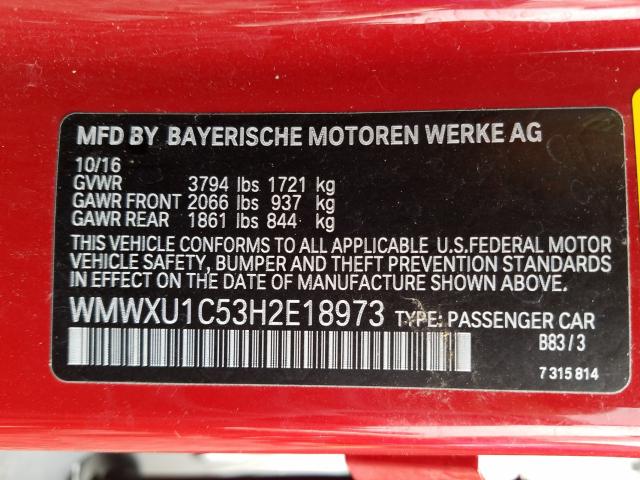 2017 MINI COOPER WMWXU1C53H2E18973