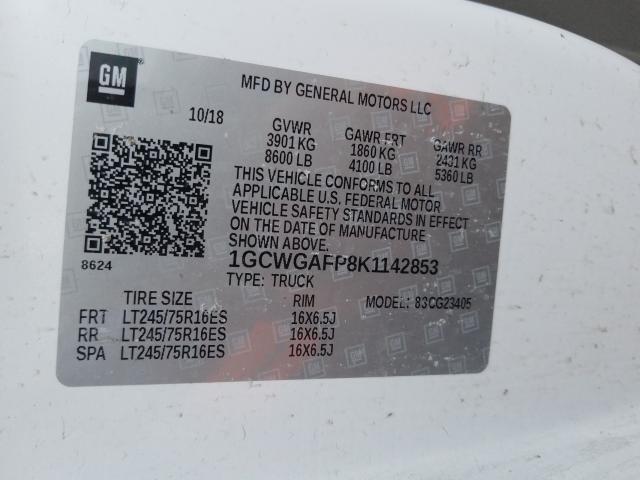 2019 CHEVROLET EXPRESS G2 1GCWGAFP8K1142853