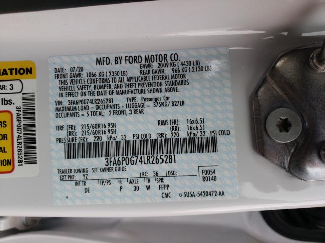 2020 FORD FUSION S 3FA6P0G74LR265281