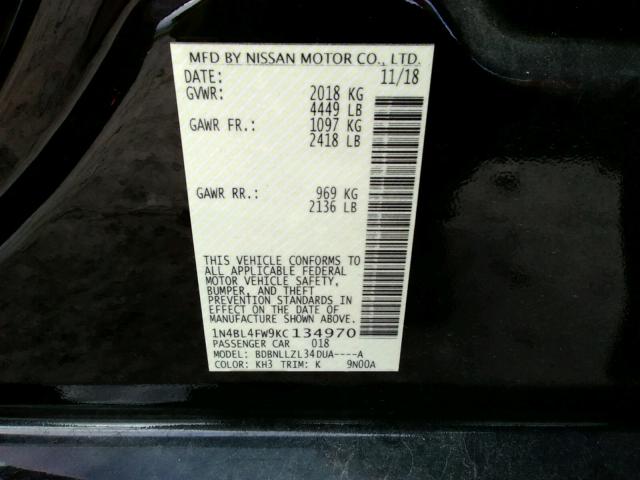 2019 NISSAN ALTIMA PLA 1N4BL4FW9KC134970