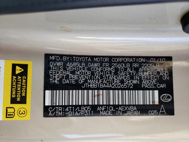 2010 LEXUS HS 250H JTHBB1BA4A2026572