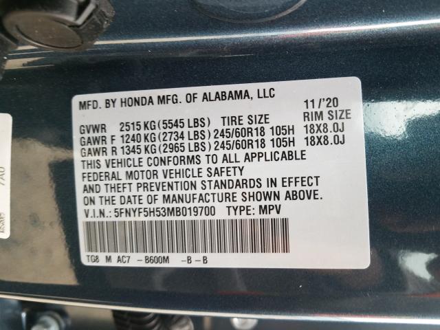 2021 HONDA PILOT EXL 5FNYF5H53MB019700