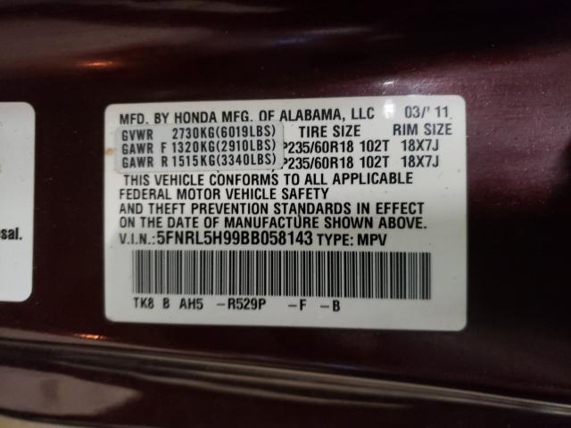 2011 HONDA ODYSSEY TO 5FNRL5H99BB058143