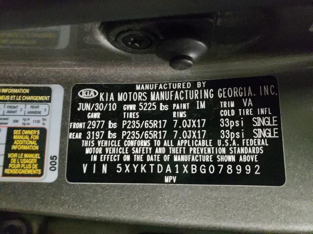 2011 KIA SORENTO BA 5XYKTDA1XBG078992