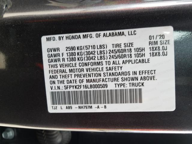2020 HONDA RIDGELINE 5FPYK2F16LB000509