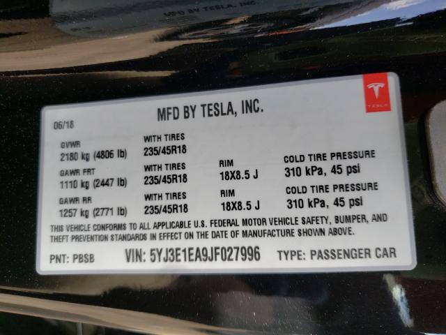 2018 TESLA MODEL 3 5YJ3E1EA9JF027996