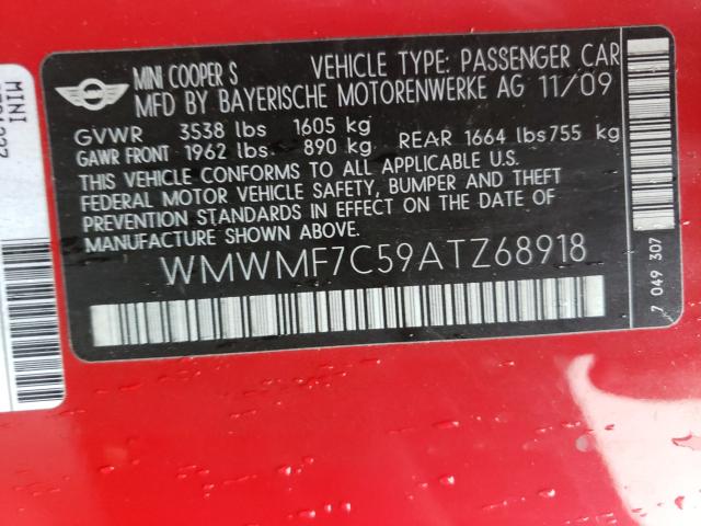 2010 MINI COOPER S WMWMF7C59ATZ68918