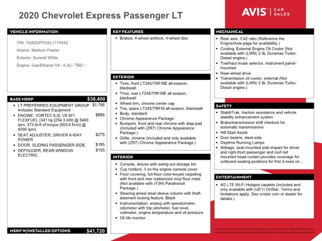 2020 CHEVROLET EXPRESS G3 1GAZGPFG5L1174542