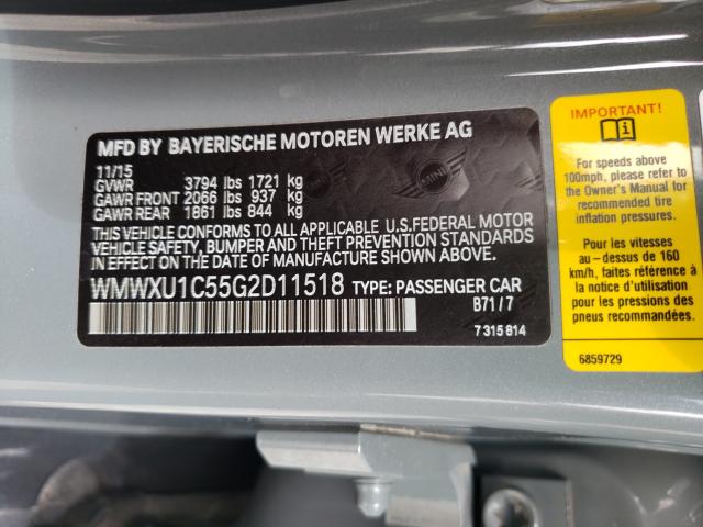 2016 MINI COOPER WMWXU1C55G2D11518