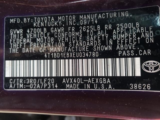 2014 TOYOTA AVALON HYB 4T1BD1EBXEU034780
