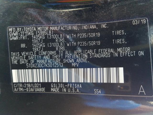 2019 TOYOTA SIENNA SE 5TDXZ3DC7KS012513