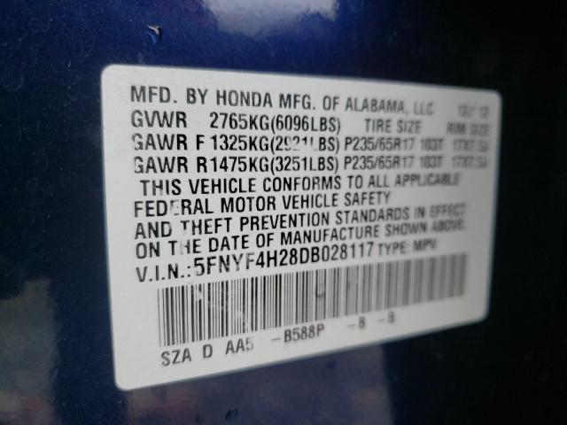 2013 HONDA PILOT LX 5FNYF4H28DB028117