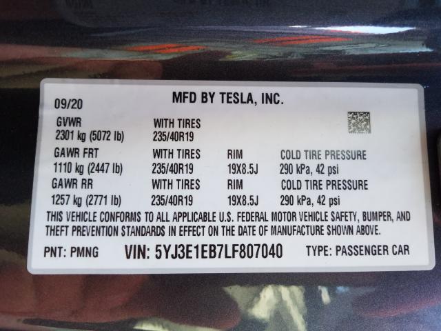 2020 TESLA MODEL 3 - 5YJ3E1EB7LF807040