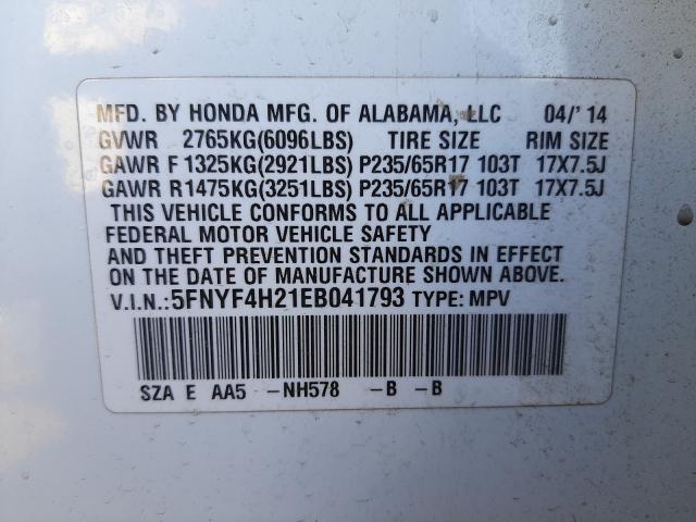 2014 HONDA PILOT LX 5FNYF4H21EB041793