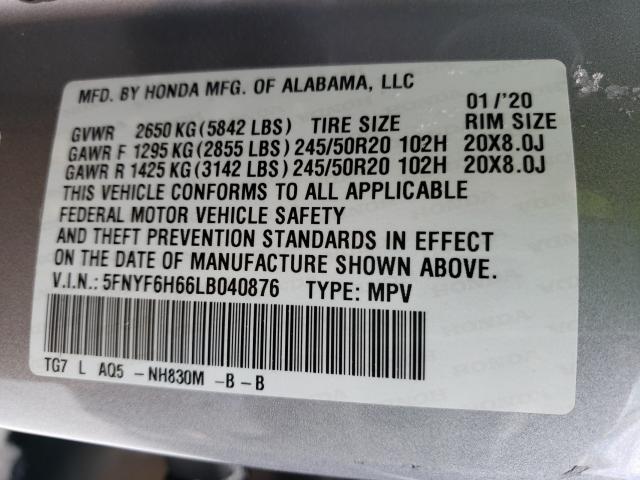 2020 HONDA PILOT TOUR 5FNYF6H66LB040876