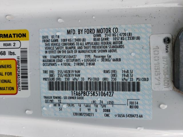2019 FORD MUSTANG GT - 1FA6P8CF5K5106427