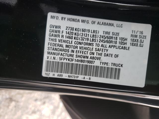 2017 HONDA RIDGELINE 5FPYK3F14HB019007