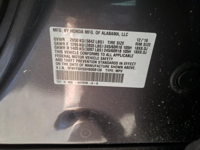 2017 HONDA PILOT EXL 5FNYF6H5XHB008138