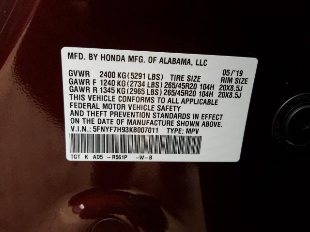 2019 HONDA PASSPORT T 5FNYF7H93KB007011