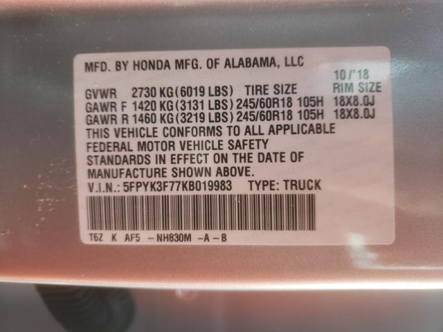 2019 HONDA RIDGELINE - 5FPYK3F77KB019983