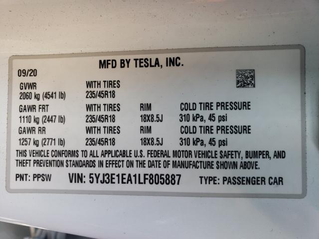 2020 TESLA MODEL 3 5YJ3E1EA1LF805887
