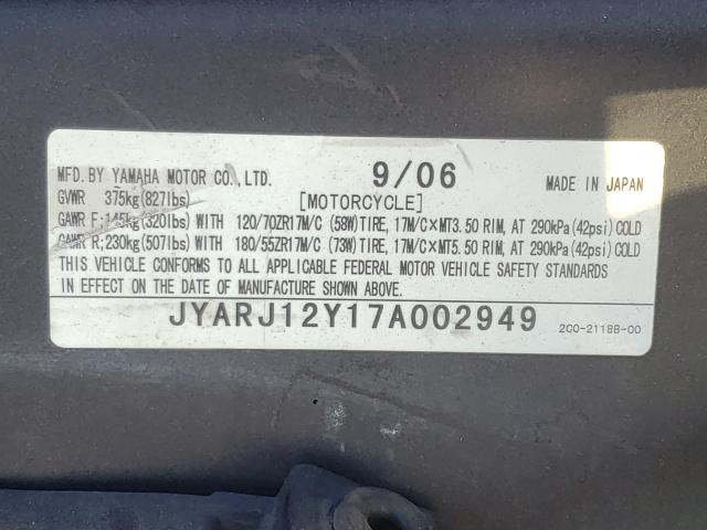 2007 YAMAHA YZFR6 L JYARJ12Y17A002949