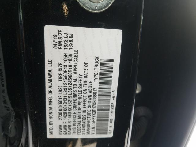 2019 HONDA RIDGELINE 5FPYK3F17KB036617