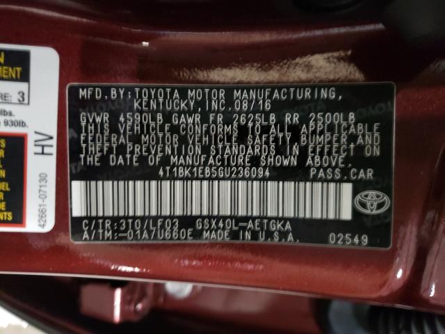 2016 TOYOTA AVALON XLE 4T1BK1EB5GU236094