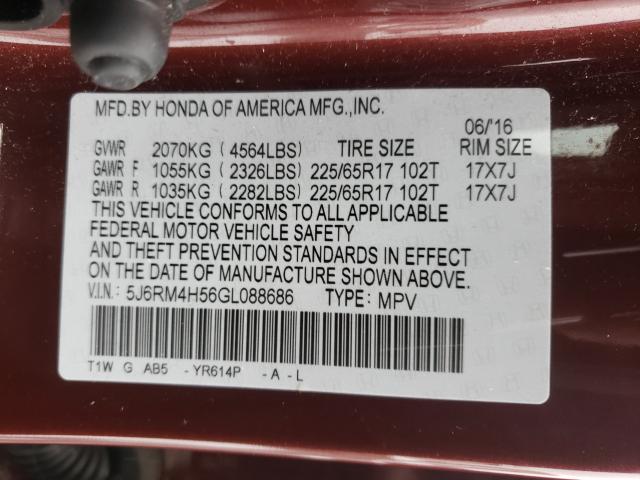 2016 HONDA CR-V EX, 5J6RM4H56GL088686 - 10