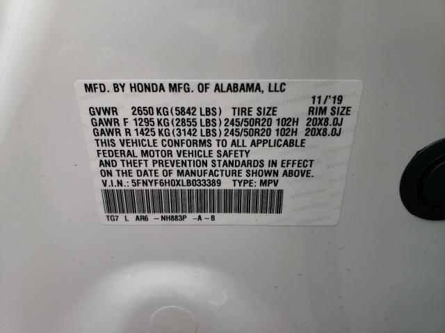 2020 HONDA PILOT ELIT 5FNYF6H0XLB033389