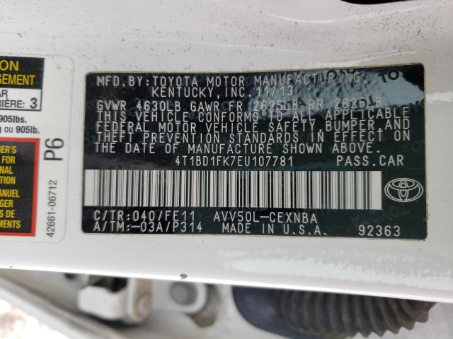 2014 TOYOTA CAMRY HYBR 4T1BD1FK7EU107781