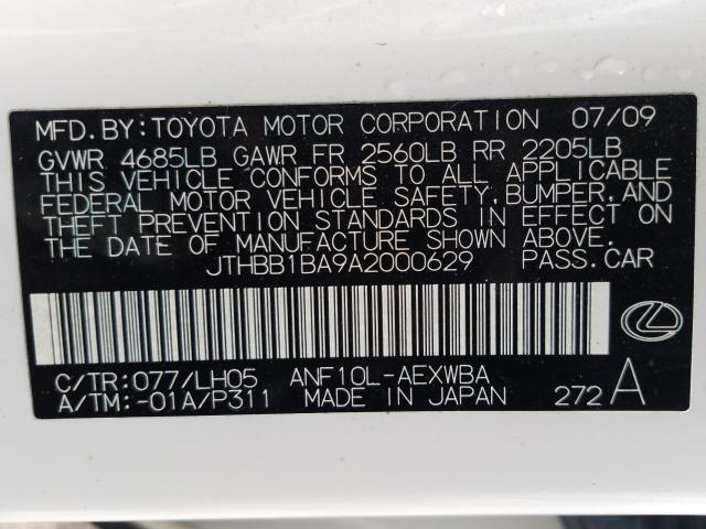 2010 LEXUS HS 250H JTHBB1BA9A2000629
