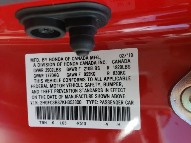 2019 HONDA CIVIC EX - 2HGFC3B37KH353300