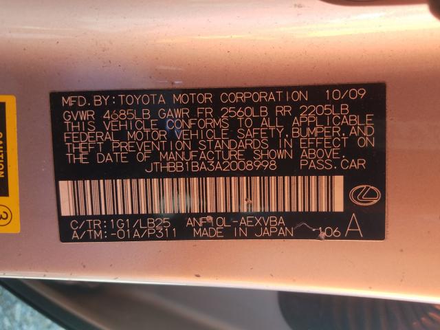 2010 LEXUS HS 250H JTHBB1BA3A2008998