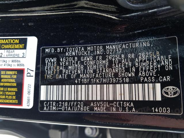 2017 TOYOTA CAMRY 4T1BF1FK7HU397518