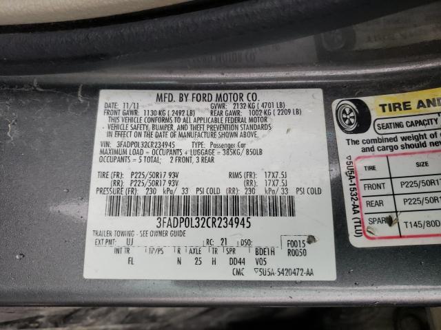 2012 FORD FUSION HYB 3FADP0L32CR234945