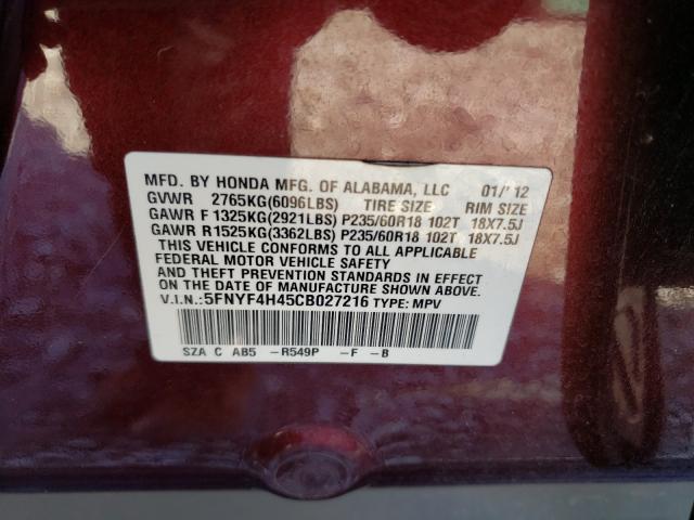 2012 HONDA PILOT EX 5FNYF4H45CB027216