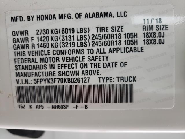 2019 HONDA RIDGELINE 5FPYK3F70KB026127