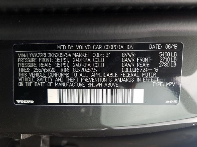 2019 VOLVO XC60 T6 IN LYVA22RL3KB209794
