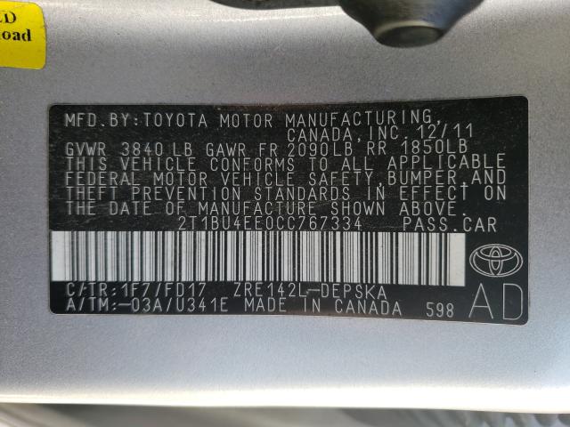 2012 TOYOTA COROLLA BA 2T1BU4EE0CC767334