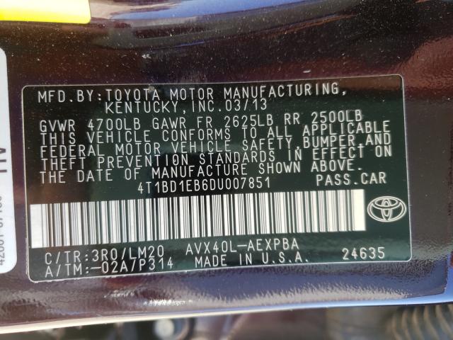 2013 TOYOTA AVALON HYB 4T1BD1EB6DU007851