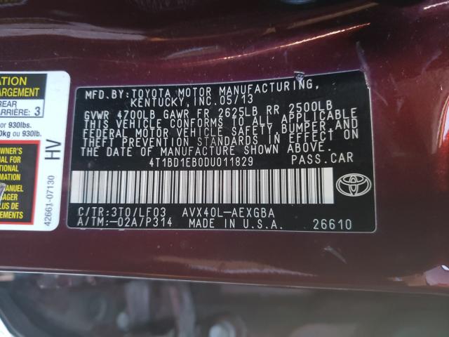 2013 TOYOTA AVALON HYB 4T1BD1EB0DU011829