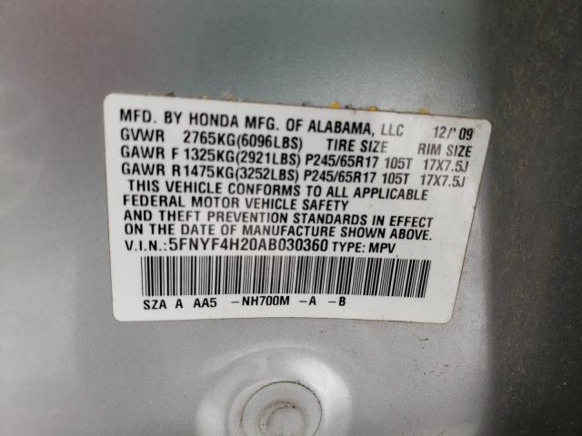 2010 HONDA PILOT LX 5FNYF4H20AB030360